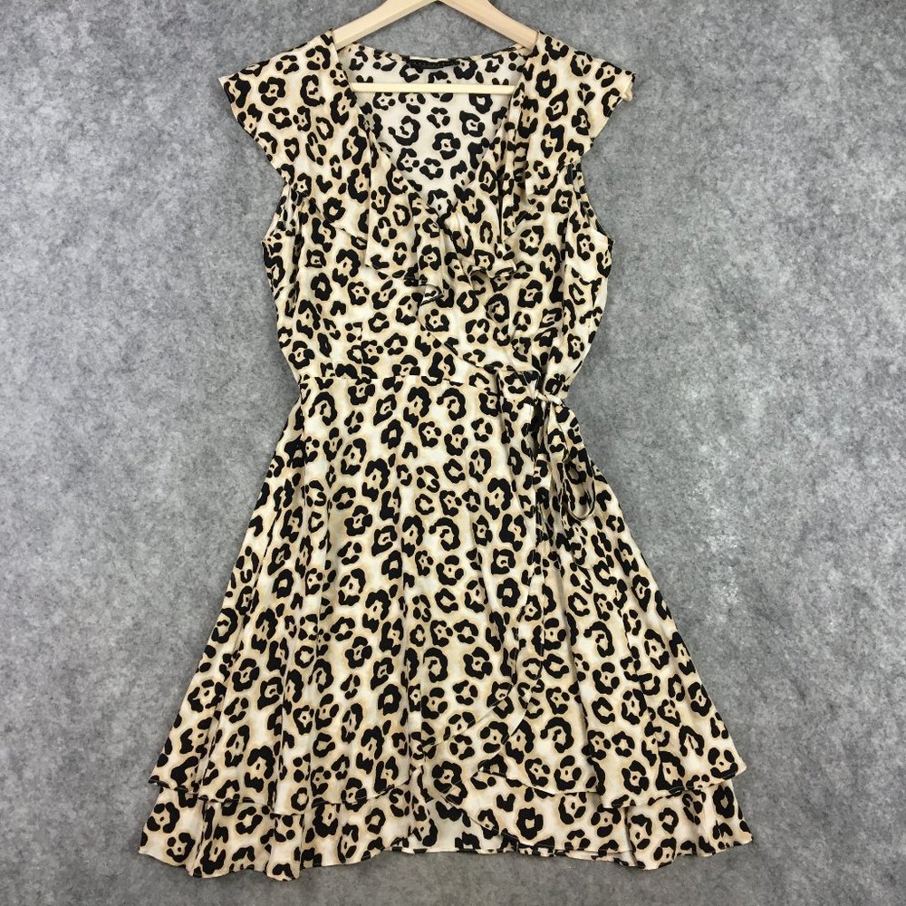 Sanctuary Dress S Wrap Ruffle Cap Flutter Sleeve Tie Waist Fit Flare Career Tan